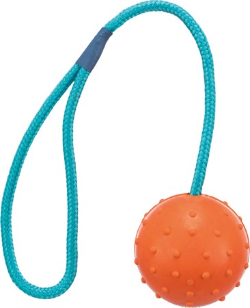 Gummiboll 6 cm med rep 30 cm, petrol/orange