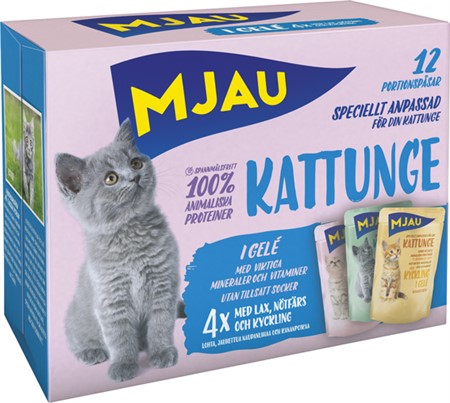 Mjau kattunge, lax,nöt,kyckl. i gelé multipack 12*85g